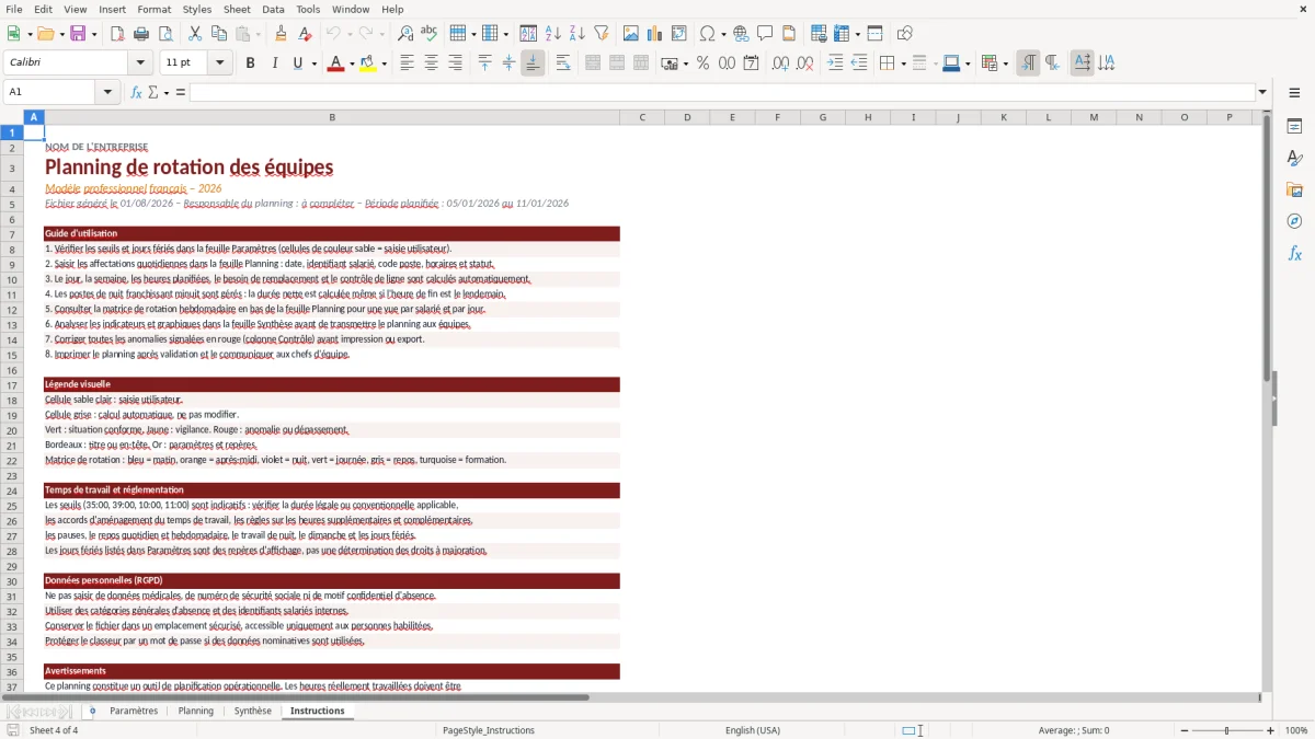 Capture d'écran 4 : Feuille Instructions - Modèle Excel Planning de rotation équipes Excel - Gratuit (2026)