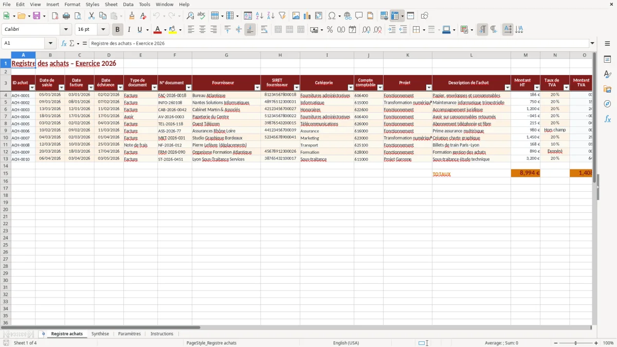 Capture d'écran 1 : Feuille Registre achats - Modèle Excel Suivi des achats Excel - Modèle Gratuit (2026)