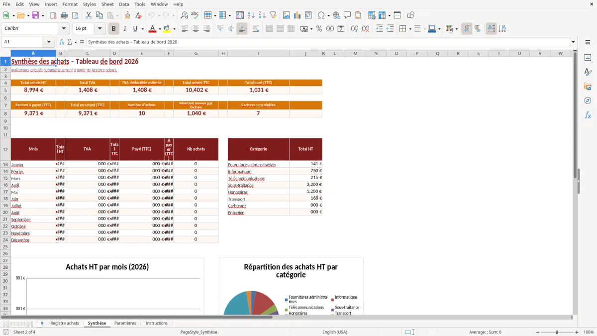 Capture d'écran 2 : Feuille Synthèse - Modèle Excel Suivi des achats Excel - Modèle Gratuit (2026)
