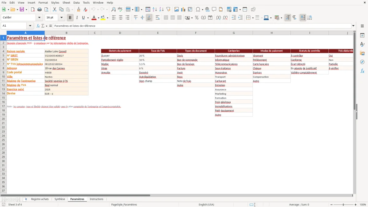 Capture d'écran 3 : Feuille Paramètres - Modèle Excel Suivi des achats Excel - Modèle Gratuit (2026)