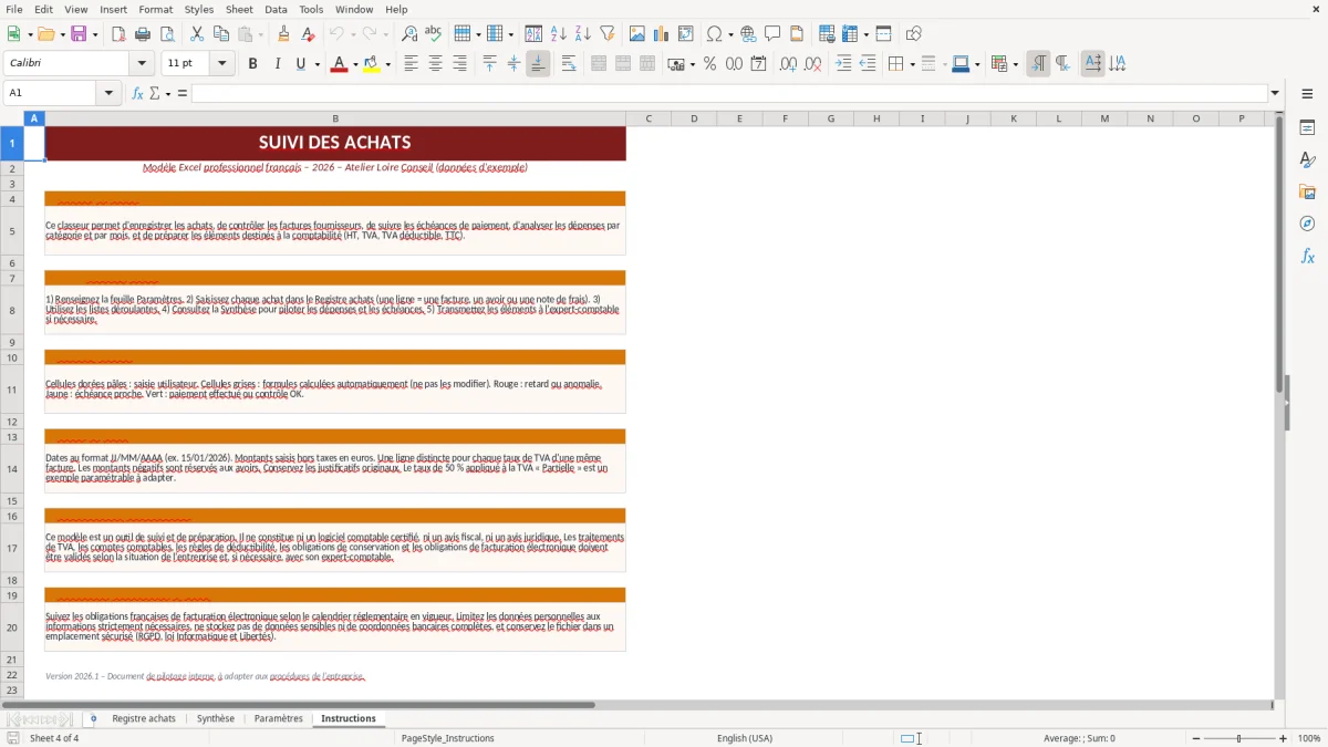 Capture d'écran 4 : Feuille Instructions - Modèle Excel Suivi des achats Excel - Modèle Gratuit (2026)
