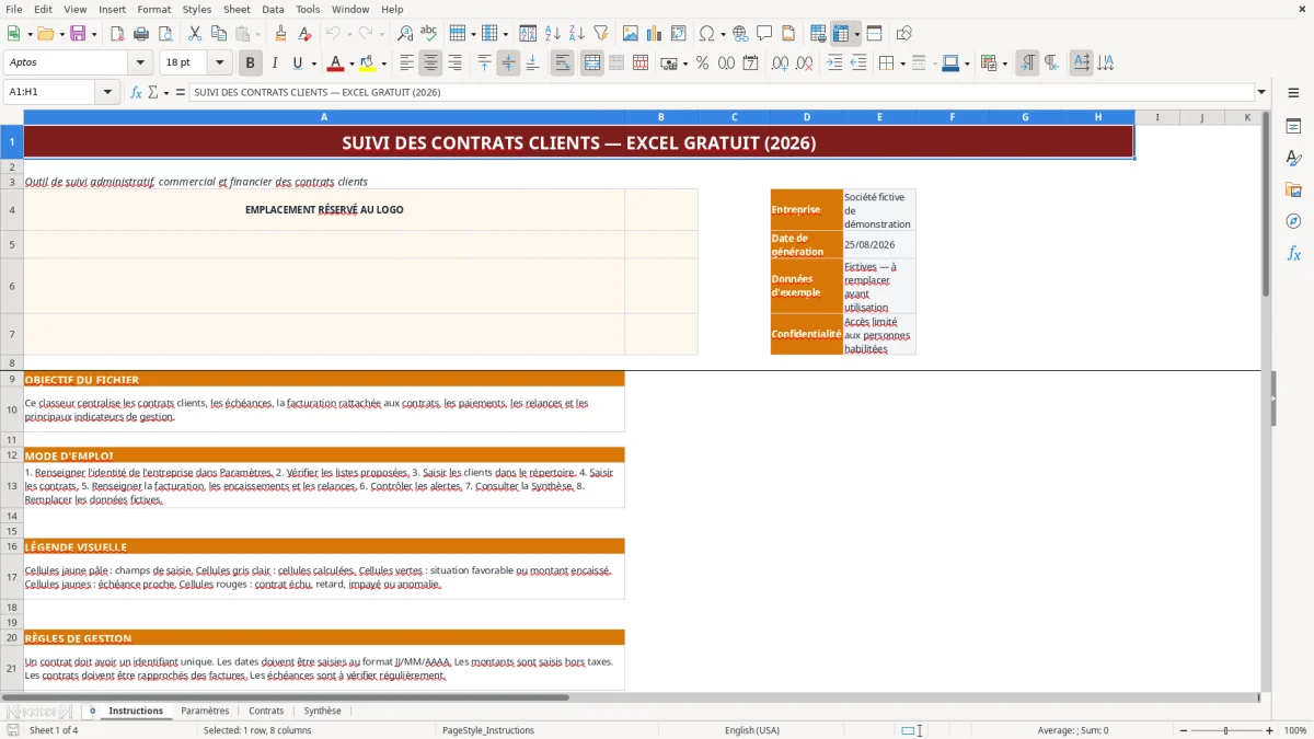 Capture d'écran 1 : Feuille Instructions - Modèle Excel Suivi des contrats clients Excel - Gratuit (2026)