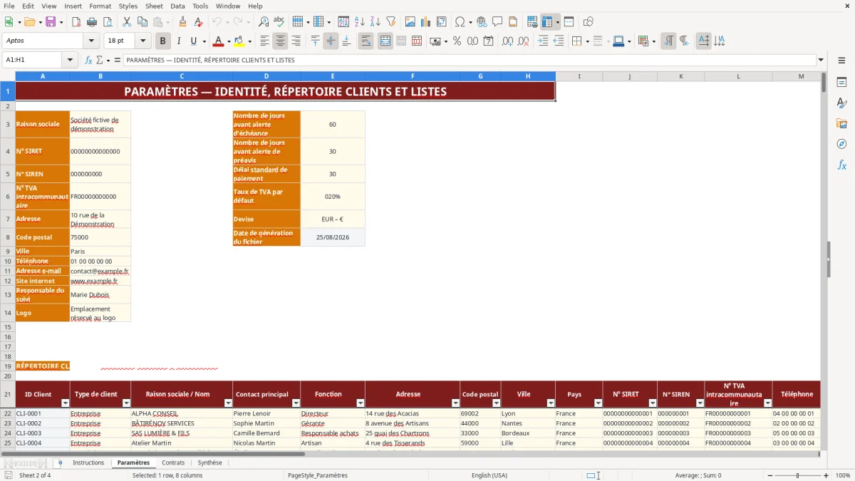 Capture d'écran 2 : Feuille Paramètres - Modèle Excel Suivi des contrats clients Excel - Gratuit (2026)
