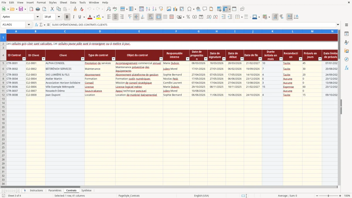 Capture d'écran 3 : Feuille Contrats - Modèle Excel Suivi des contrats clients Excel - Gratuit (2026)