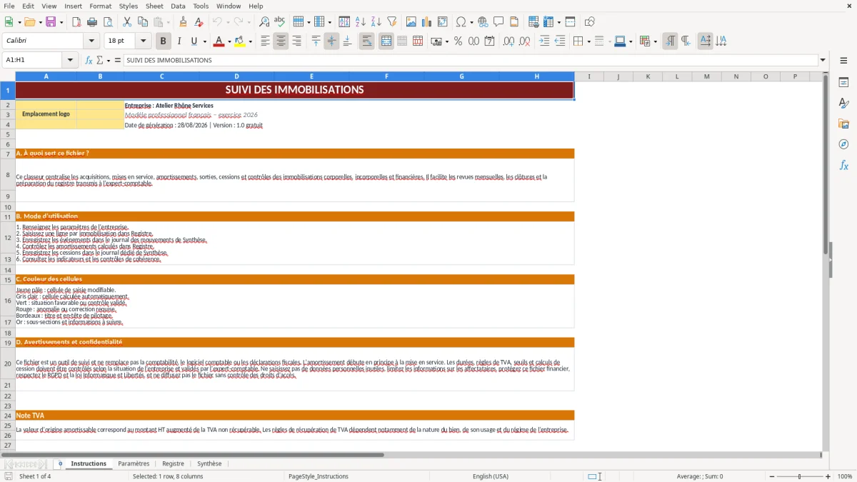 Capture d'écran 1 : Feuille Instructions - Modèle Excel Suivi des immobilisations Excel - Gratuit (2026)