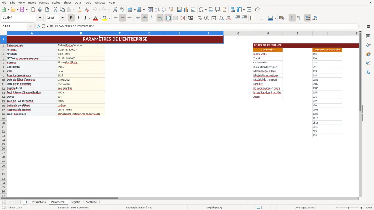 Capture d'écran 2 : Feuille Paramètres - Modèle Excel Suivi des immobilisations Excel - Gratuit (2026)