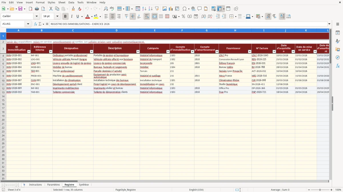Capture d'écran 3 : Feuille Registre - Modèle Excel Suivi des immobilisations Excel - Gratuit (2026)