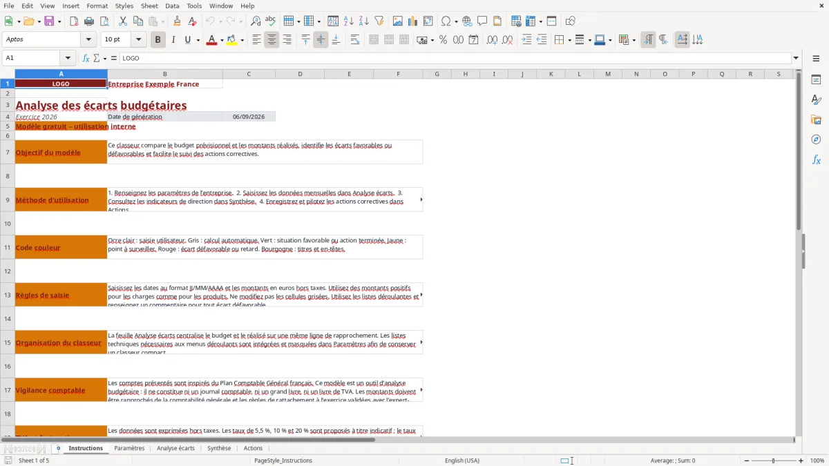 Capture d'écran 1 : Feuille Instructions - Modèle Excel Analyse des écarts budget Excel - Gratuit (2026)