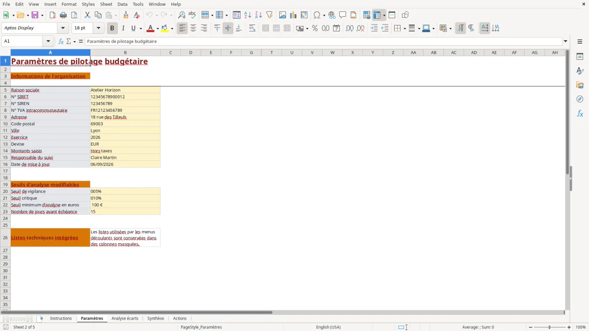 Capture d'écran 2 : Feuille Paramètres - Modèle Excel Analyse des écarts budget Excel - Gratuit (2026)