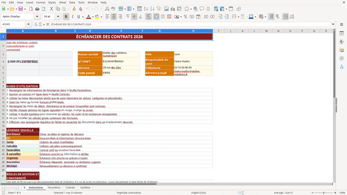 Capture d'écran 1 : Feuille Instructions - Modèle Excel Échéancier des contrats Excel - Gratuit (2026)