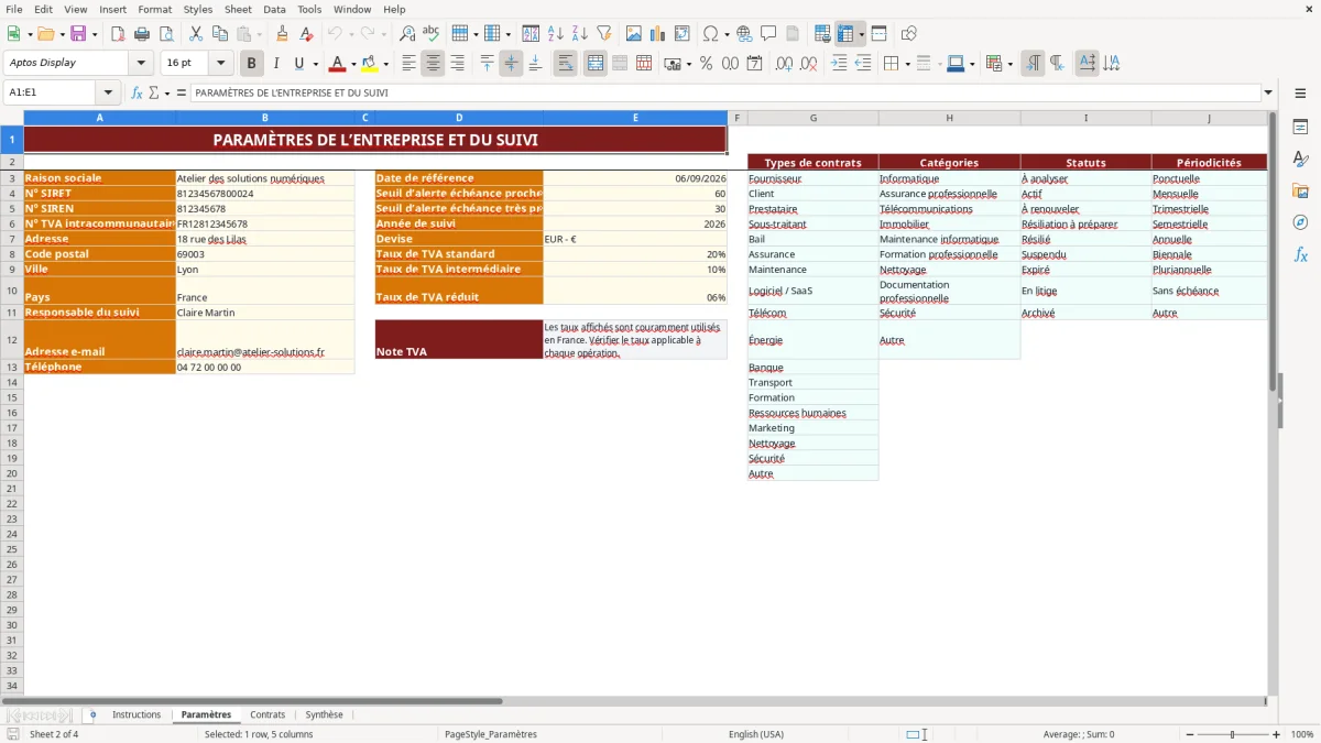 Capture d'écran 2 : Feuille Paramètres - Modèle Excel Échéancier des contrats Excel - Gratuit (2026)