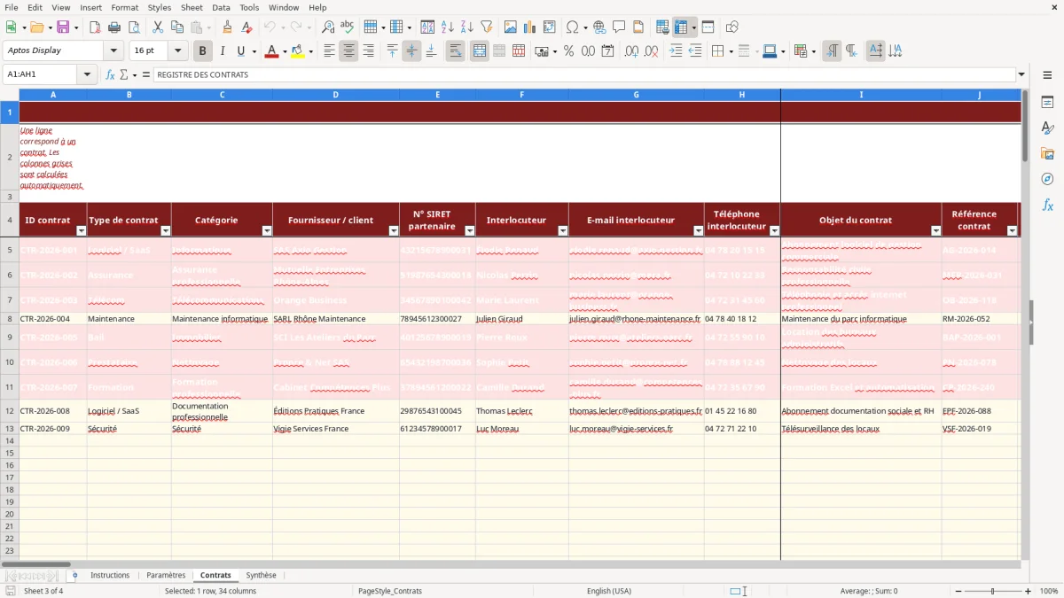 Capture d'écran 3 : Feuille Contrats - Modèle Excel Échéancier des contrats Excel - Gratuit (2026)