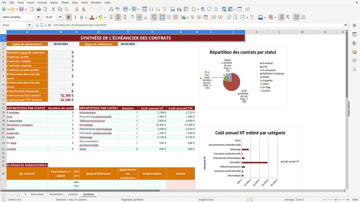 Capture d'écran 4 : Feuille Synthèse - Modèle Excel Échéancier des contrats Excel - Gratuit (2026)