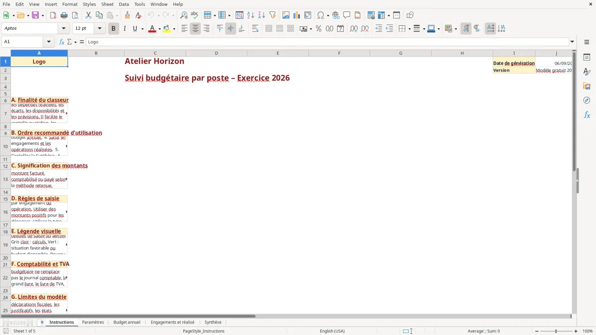 Capture d'écran 1 : Feuille Instructions - Modèle Excel Suivi budgétaire par poste Excel - Gratuit (2026)