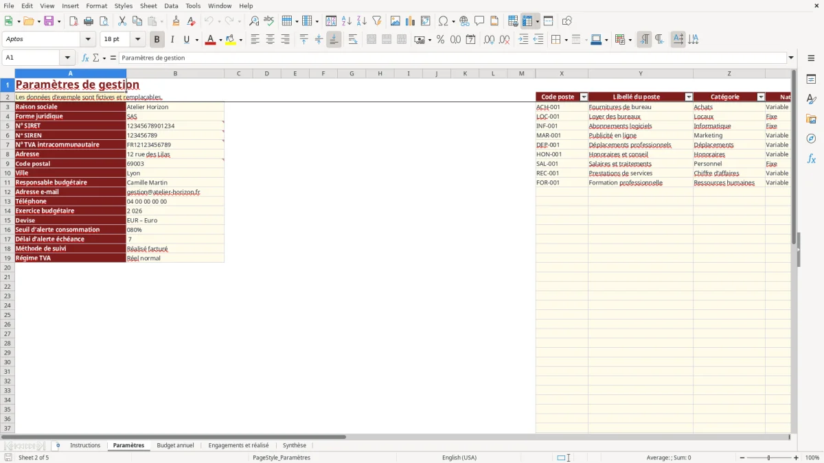 Capture d'écran 2 : Feuille Paramètres - Modèle Excel Suivi budgétaire par poste Excel - Gratuit (2026)