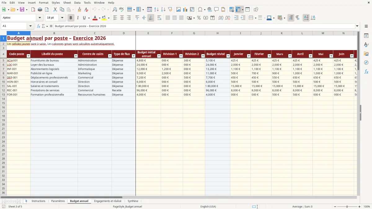 Capture d'écran 3 : Feuille Budget annuel - Modèle Excel Suivi budgétaire par poste Excel - Gratuit (2026)