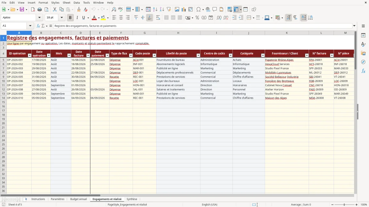 Capture d'écran 4 : Feuille Engagements et réalisé - Modèle Excel Suivi budgétaire par poste Excel - Gratuit (2026)