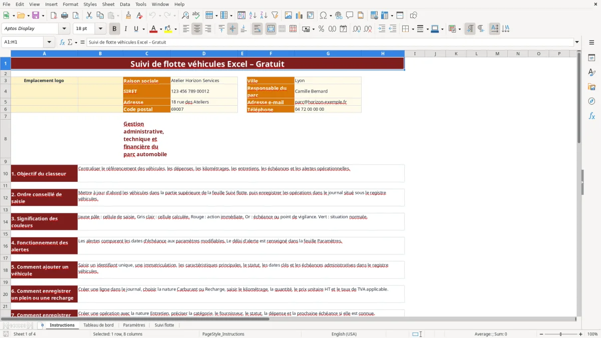 Capture d'écran 1 : Feuille Instructions - Modèle Excel Suivi de flotte véhicules Excel - Gratuit (2026)
