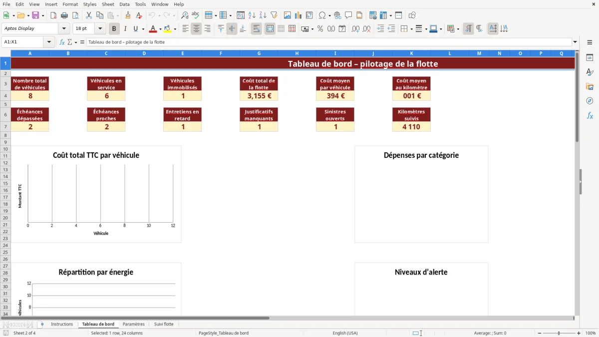 Capture d'écran 2 : Feuille Tableau de bord - Modèle Excel Suivi de flotte véhicules Excel - Gratuit (2026)