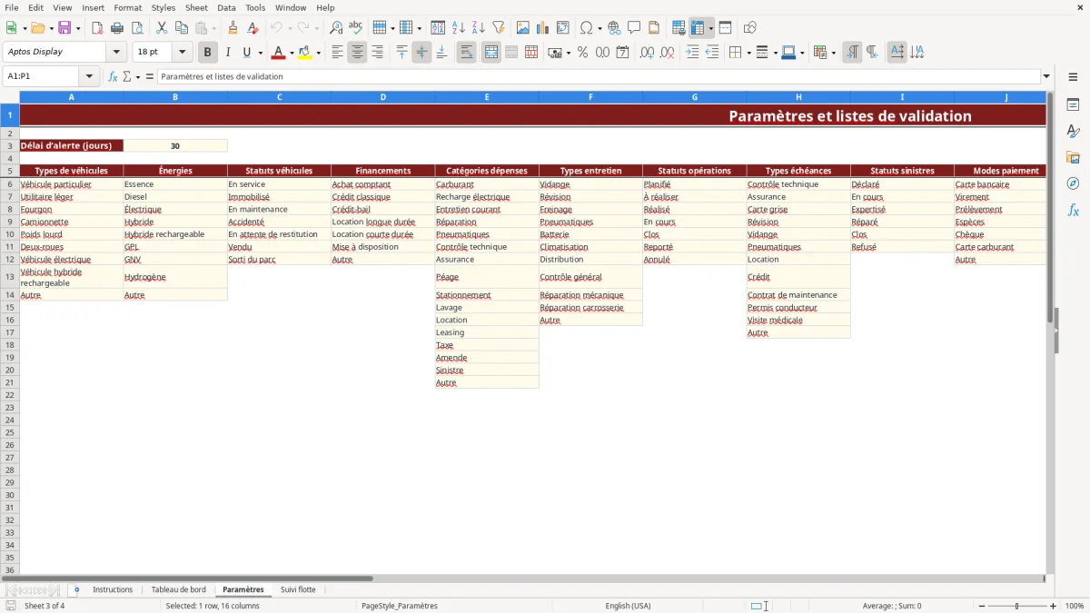 Capture d'écran 3 : Feuille Paramètres - Modèle Excel Suivi de flotte véhicules Excel - Gratuit (2026)