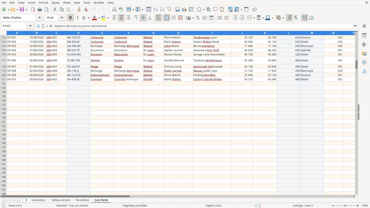 Capture d'écran 4 : Feuille Suivi flotte - Modèle Excel Suivi de flotte véhicules Excel - Gratuit (2026)