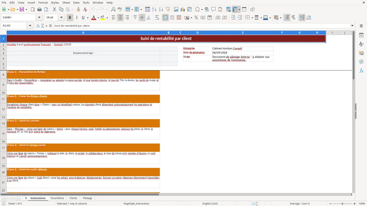 Capture d'écran 1 : Feuille Instructions - Modèle Excel Suivi de rentabilité par client Excel - Gratuit (2026)