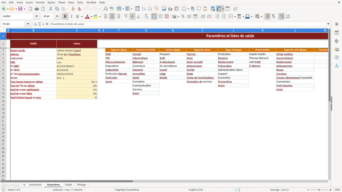 Capture d'écran 2 : Feuille Paramètres - Modèle Excel Suivi de rentabilité par client Excel - Gratuit (2026)