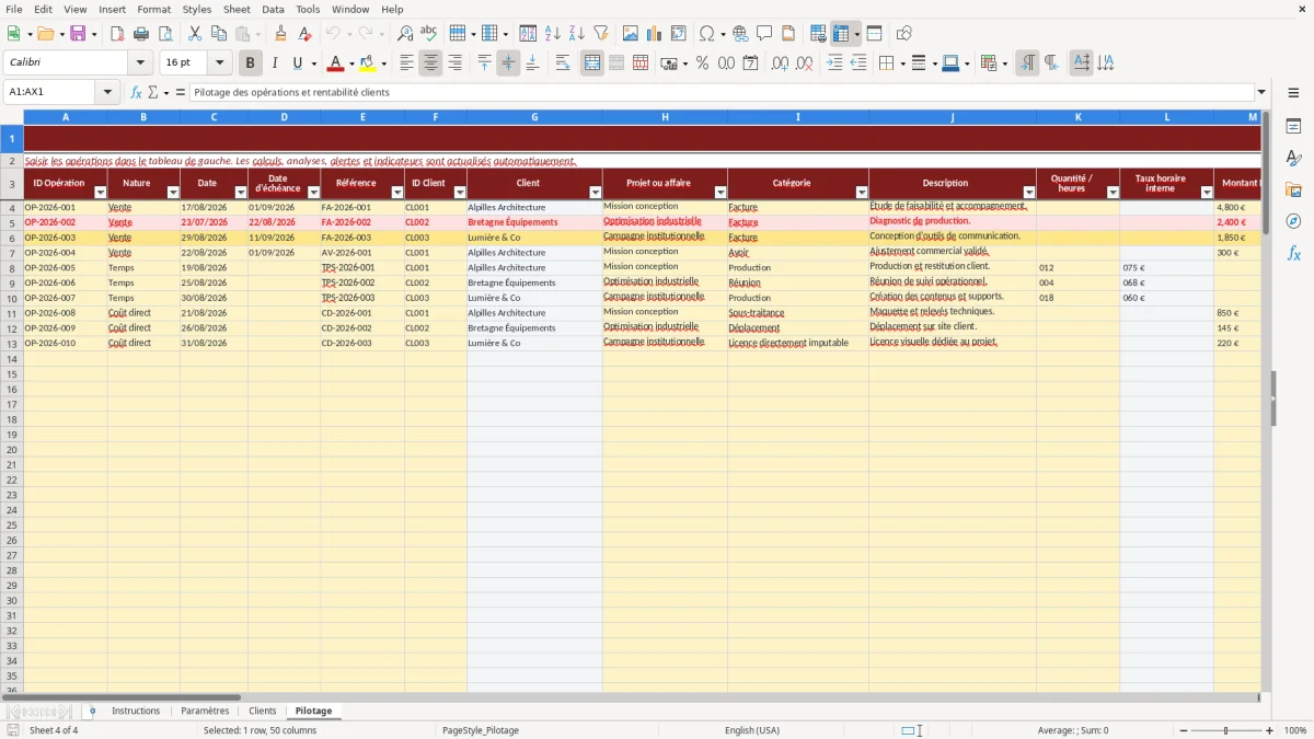 Capture d'écran 4 : Feuille Pilotage - Modèle Excel Suivi de rentabilité par client Excel - Gratuit (2026)