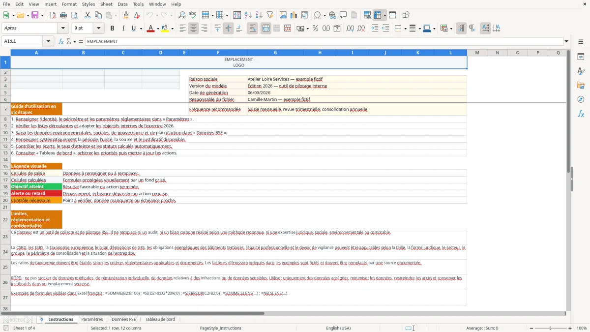 Capture d'écran 1 : Feuille Instructions - Modèle Excel Tableau de bord RSE Excel - Modèle Gratuit (2026)