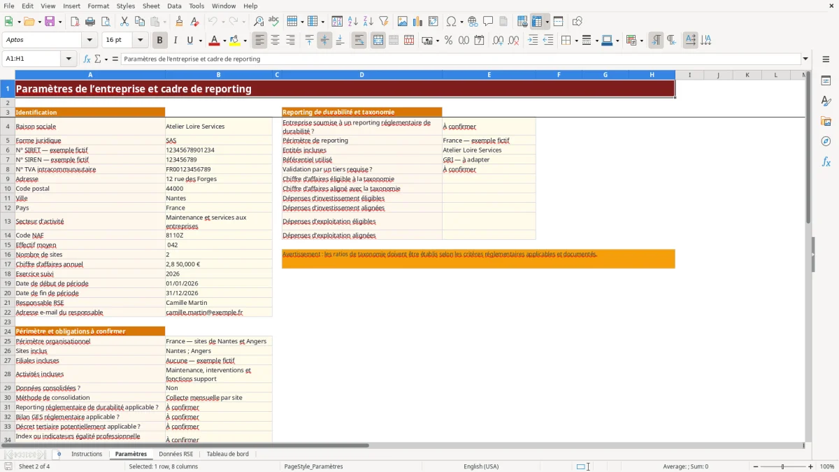 Capture d'écran 2 : Feuille Paramètres - Modèle Excel Tableau de bord RSE Excel - Modèle Gratuit (2026)