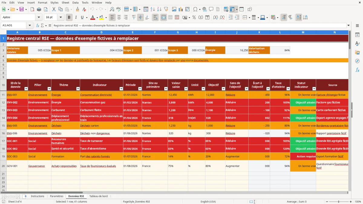 Capture d'écran 3 : Feuille Données RSE - Modèle Excel Tableau de bord RSE Excel - Modèle Gratuit (2026)