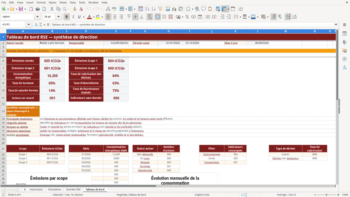 Capture d'écran 4 : Feuille Tableau de bord - Modèle Excel Tableau de bord RSE Excel - Modèle Gratuit (2026)
