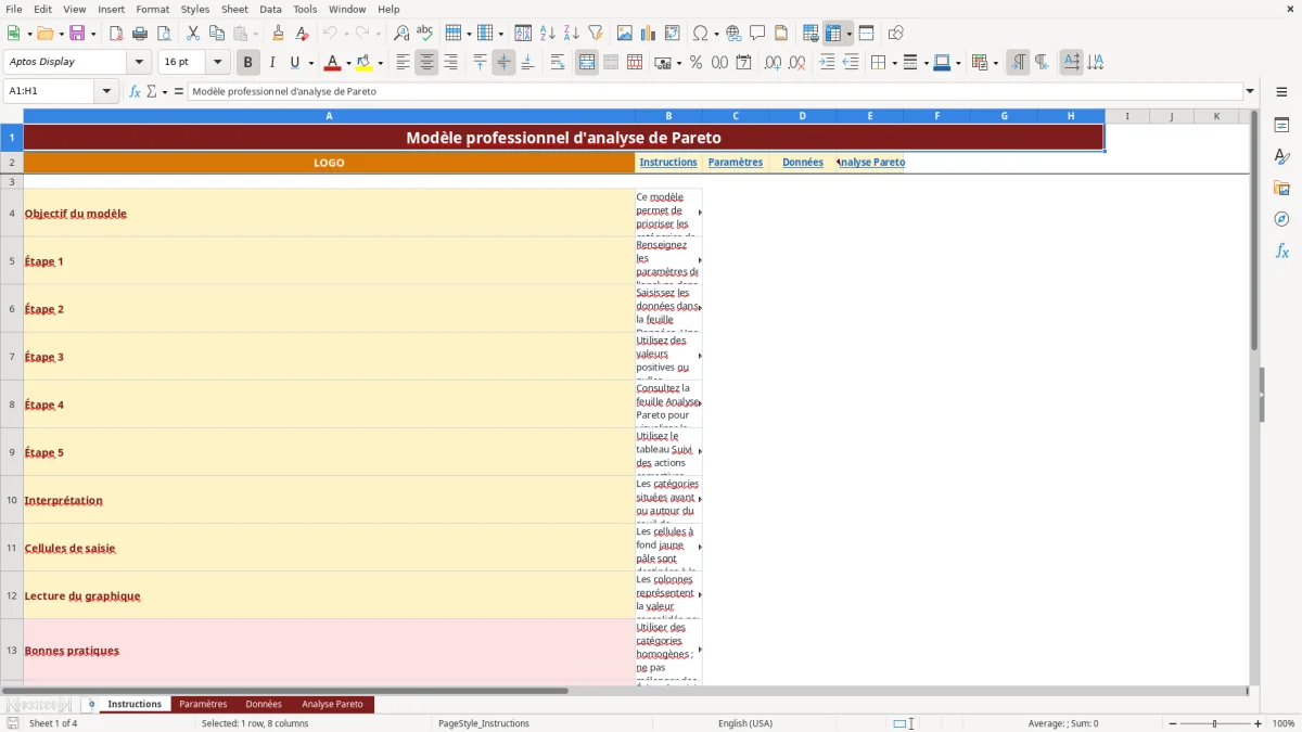 Capture d'écran 1 : Feuille Instructions - Modèle Excel modèle diagramme de Pareto Excel