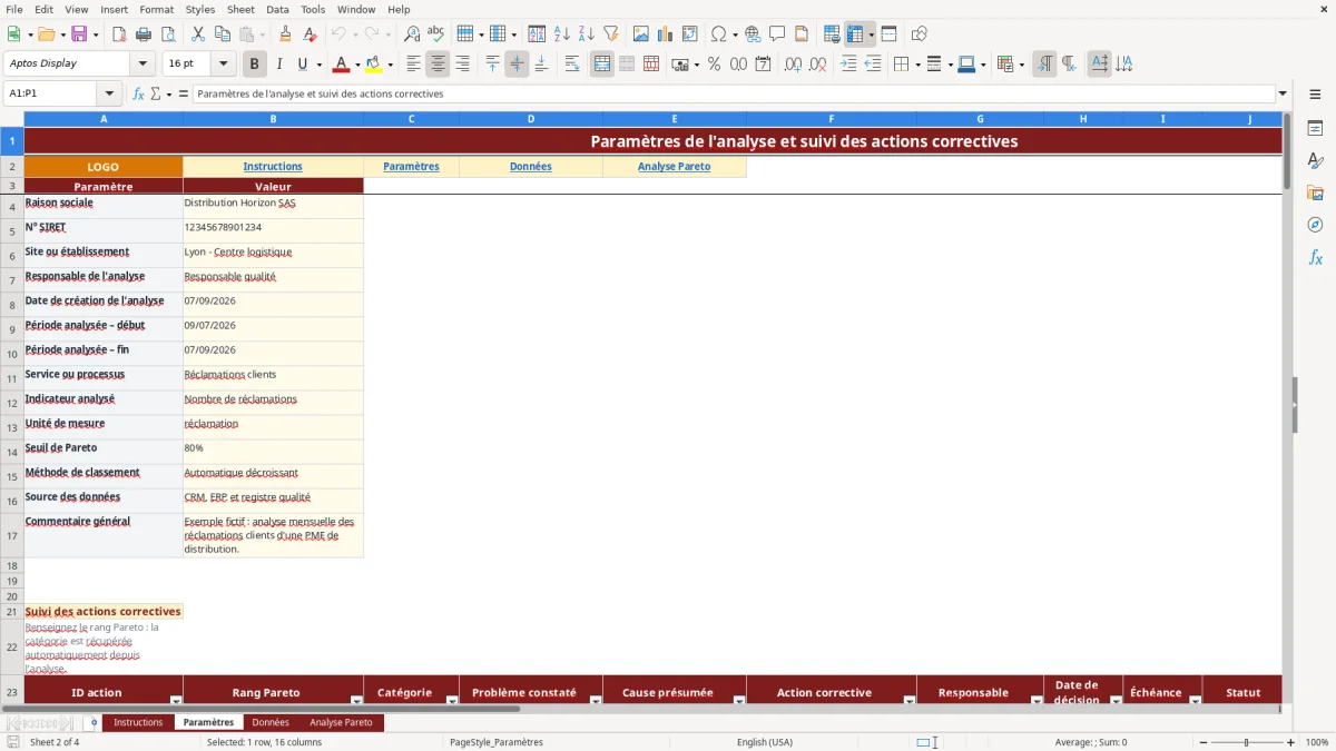 Capture d'écran 2 : Feuille Paramètres - Modèle Excel modèle diagramme de Pareto Excel