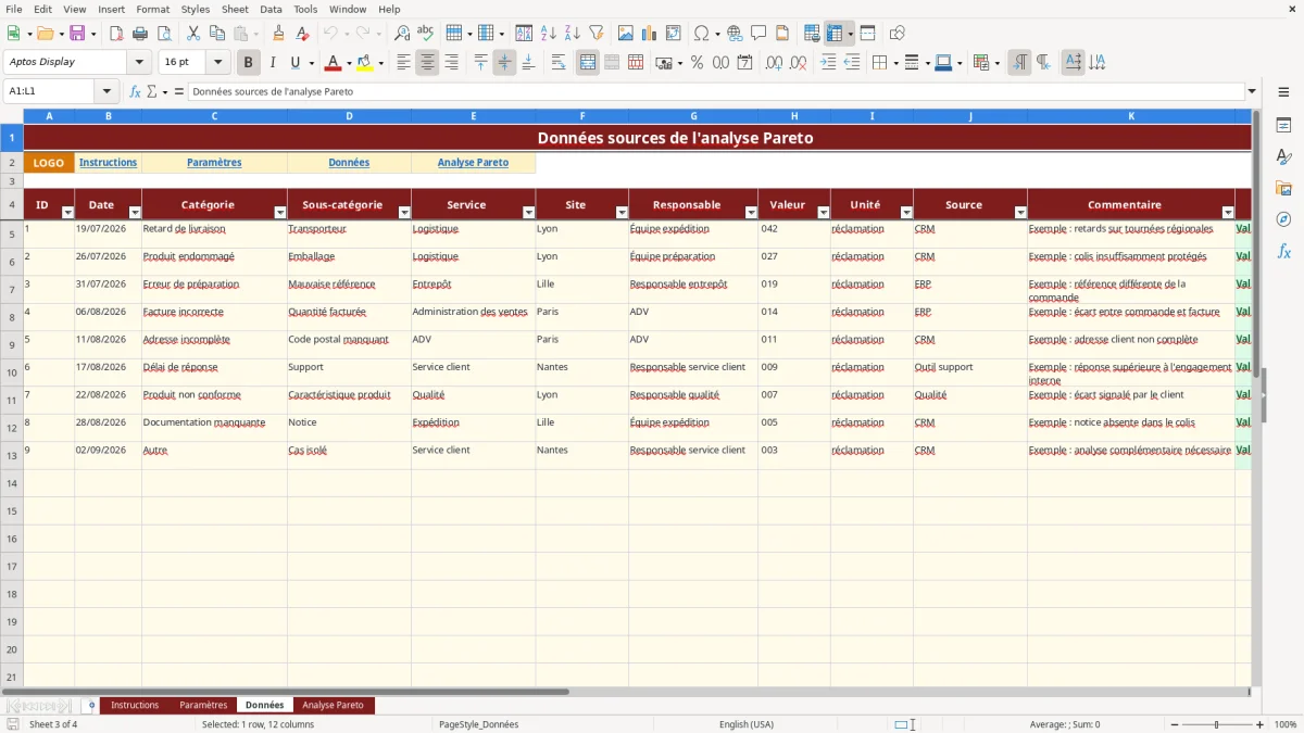 Capture d'écran 3 : Feuille Données - Modèle Excel modèle diagramme de Pareto Excel