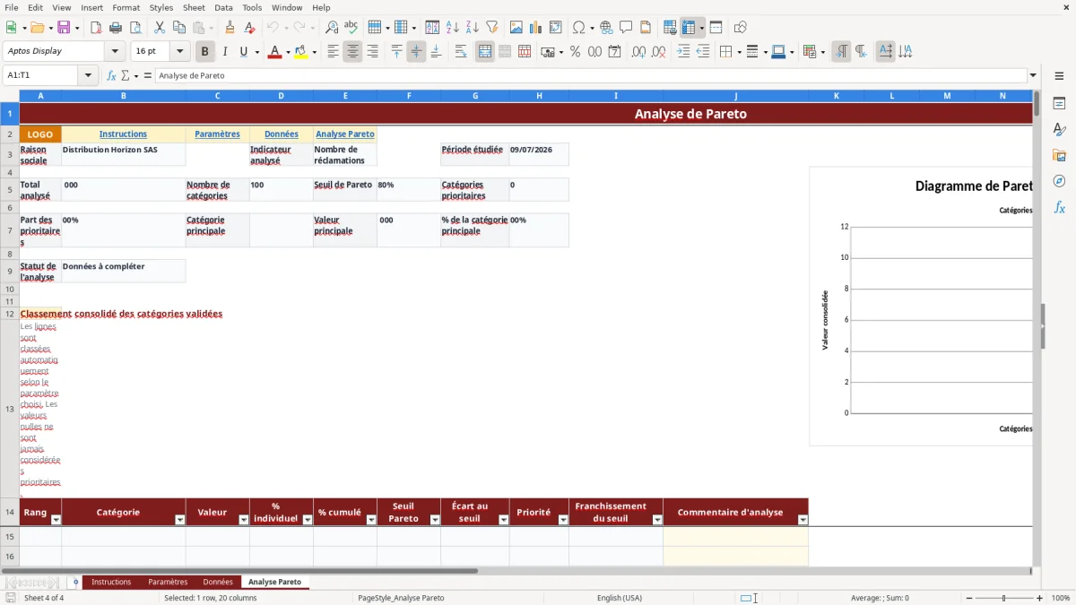 Capture d'écran 4 : Feuille Analyse Pareto - Modèle Excel modèle diagramme de Pareto Excel
